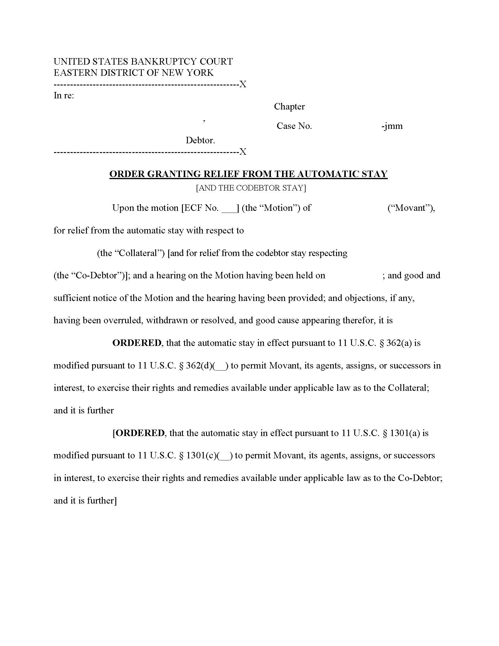 Order Granting Relief From Automatic Stay (And Co-Debtor Stay) (Judge Mazer-Marino) [Sample And Form] | Pdf Fpdf Docx | New York
